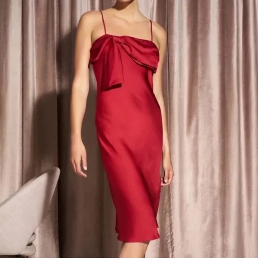 NEW Anthropologie Red Slip Cami Silky Dress Front Bow Size Large